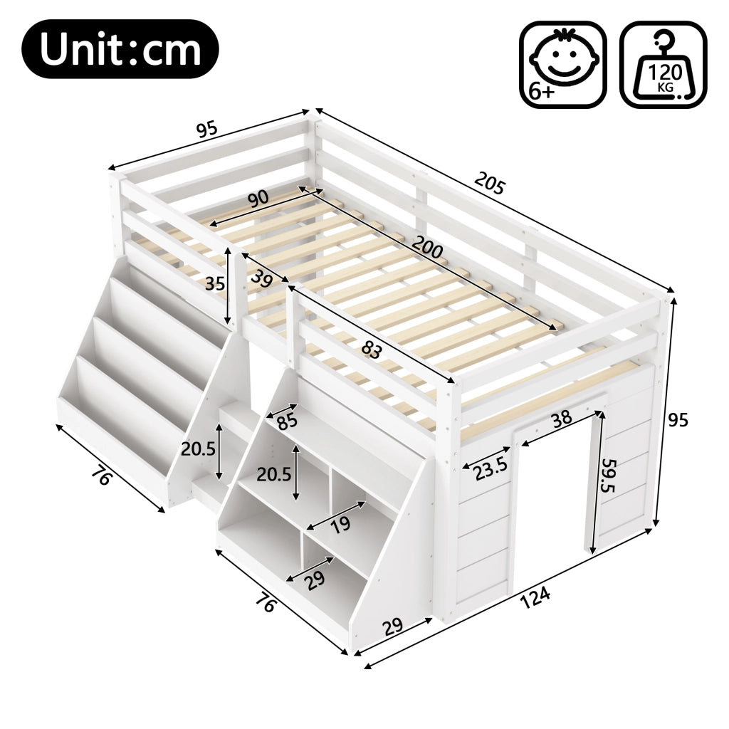 Letto rialzato 90x200 cm bianco con vani portaoggetti
