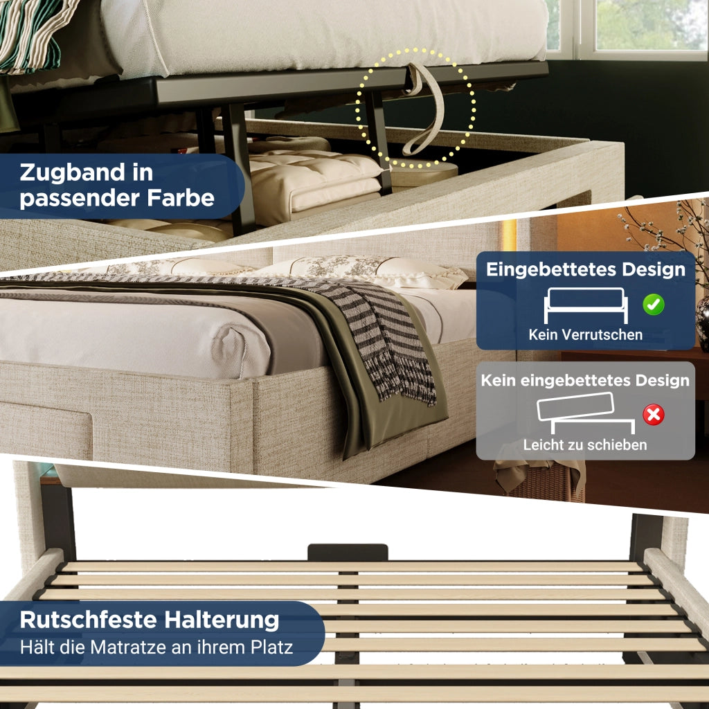Letto con cassetti 140 ¡Á 200 cm con due comodini mobili LED USB e USB-C in legno bianco
