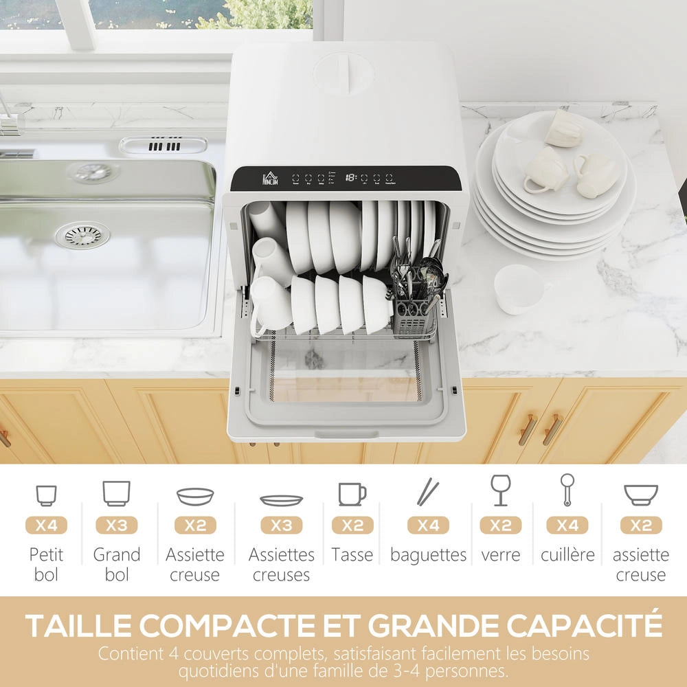 Mini lavastoviglie compatta da tavolo per 4 coperti, 6 programmi con serbatoio 6 L e comandi touch, bianco per cucina e ufficio