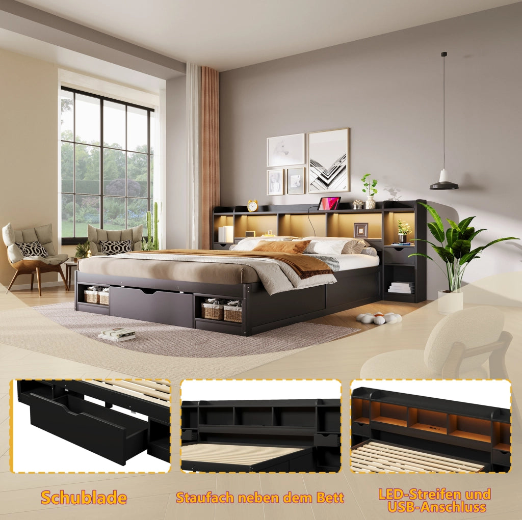 Letto matrimoniale 180x200 cm con contenitori e LED, nero