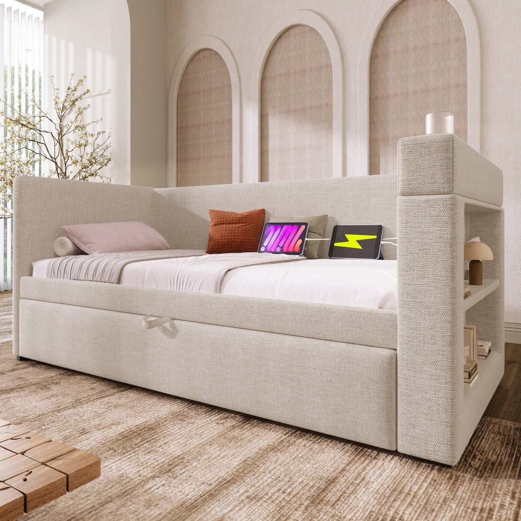 Letto divano estraibile 90x190 cm beige con USB e portabicchieri