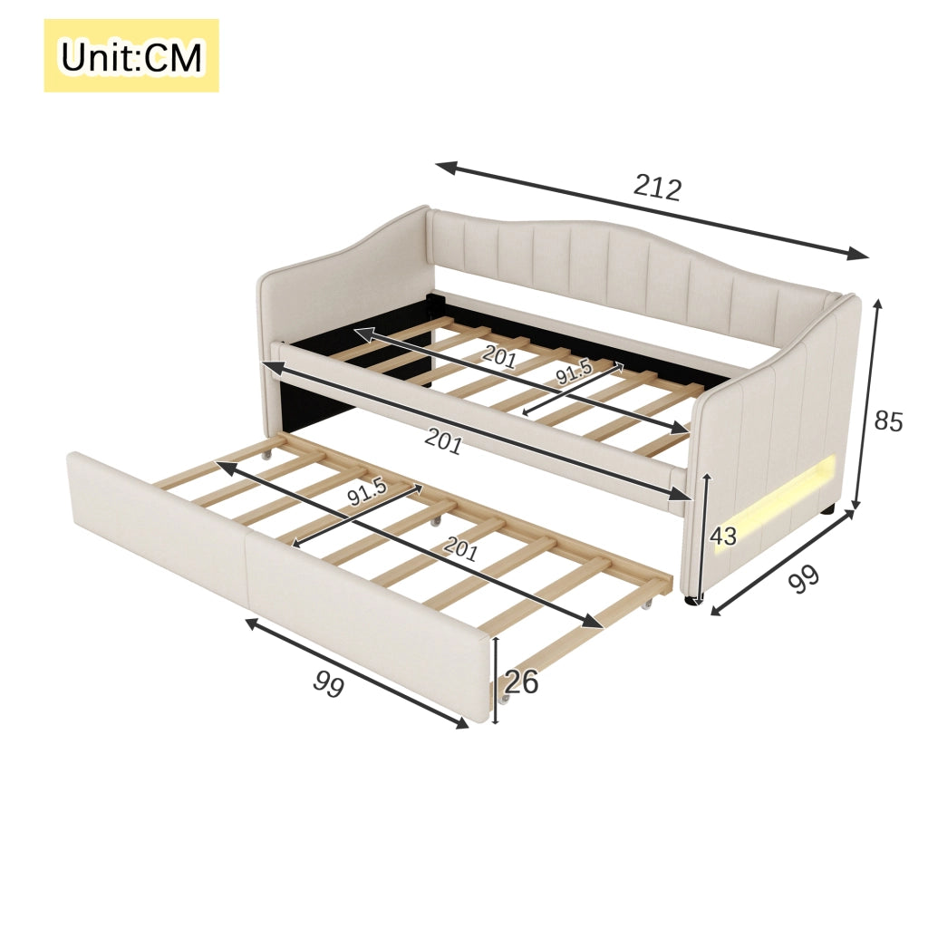 Letto singolo 90x200 cm con letto estraibile beige