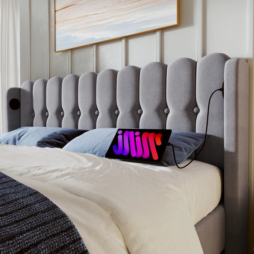 Letto matrimoniale imbottito grigio 160x200 cm con prese USB e Tipo-C
