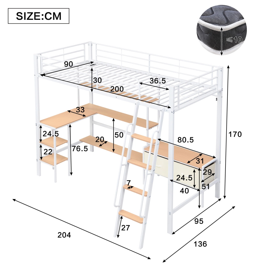 Letto a soppalco 90x200 cm con scrivania; scaffale e contenitori in metallo e MDF