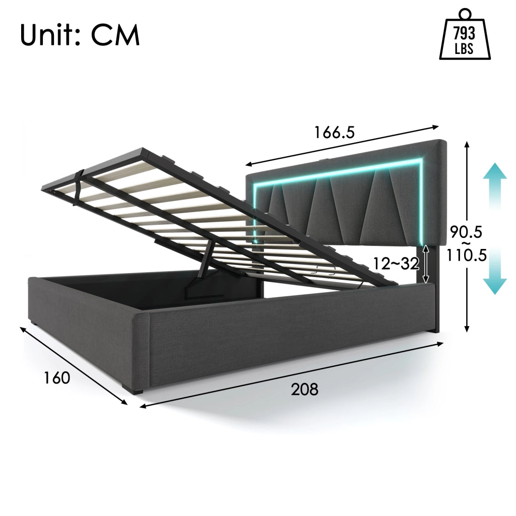 Letto Contenitore 160 x 200 cm, Matrimoniale - USB, Tipo C e LED Regolabile - Grigio