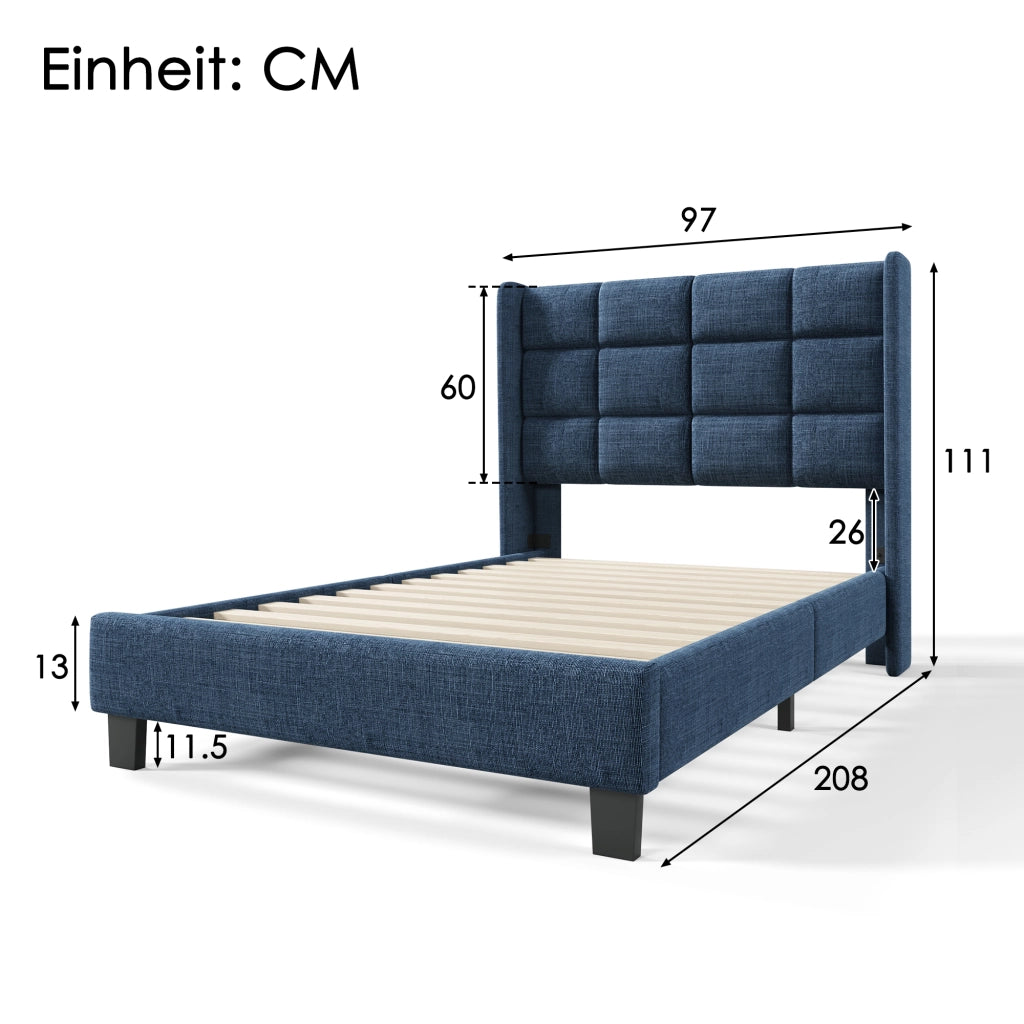 Letto singolo imbottito blu 90x200 cm con testiera