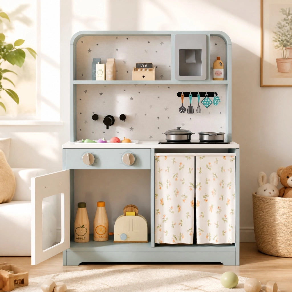 Cucina giocattolo per bambini 60x29x81 cm con microonde e accessori; blu in MDF e plastica