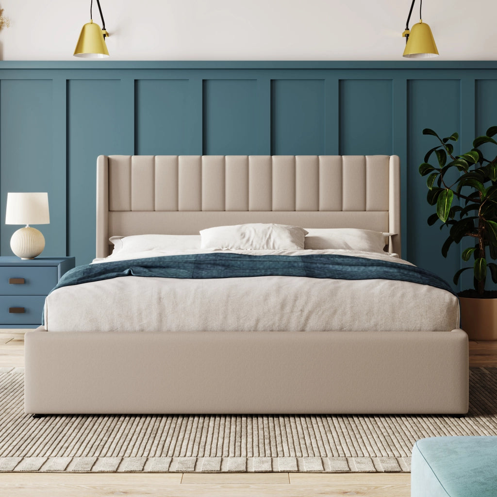 Letto contenitore 140x200 cm beige con sollevamento idraulico