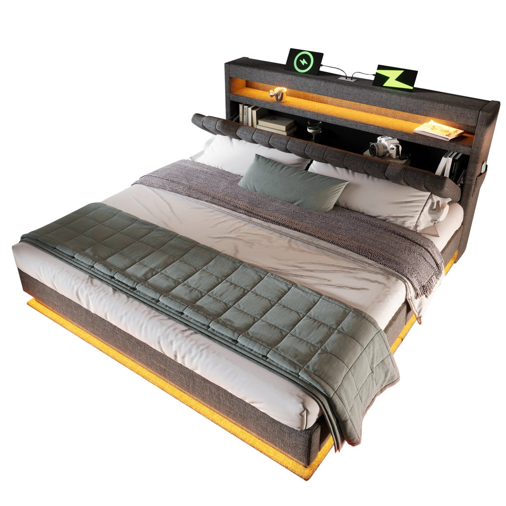 Letto contenitore 160x200 grigio con testiera; LED e porte USB