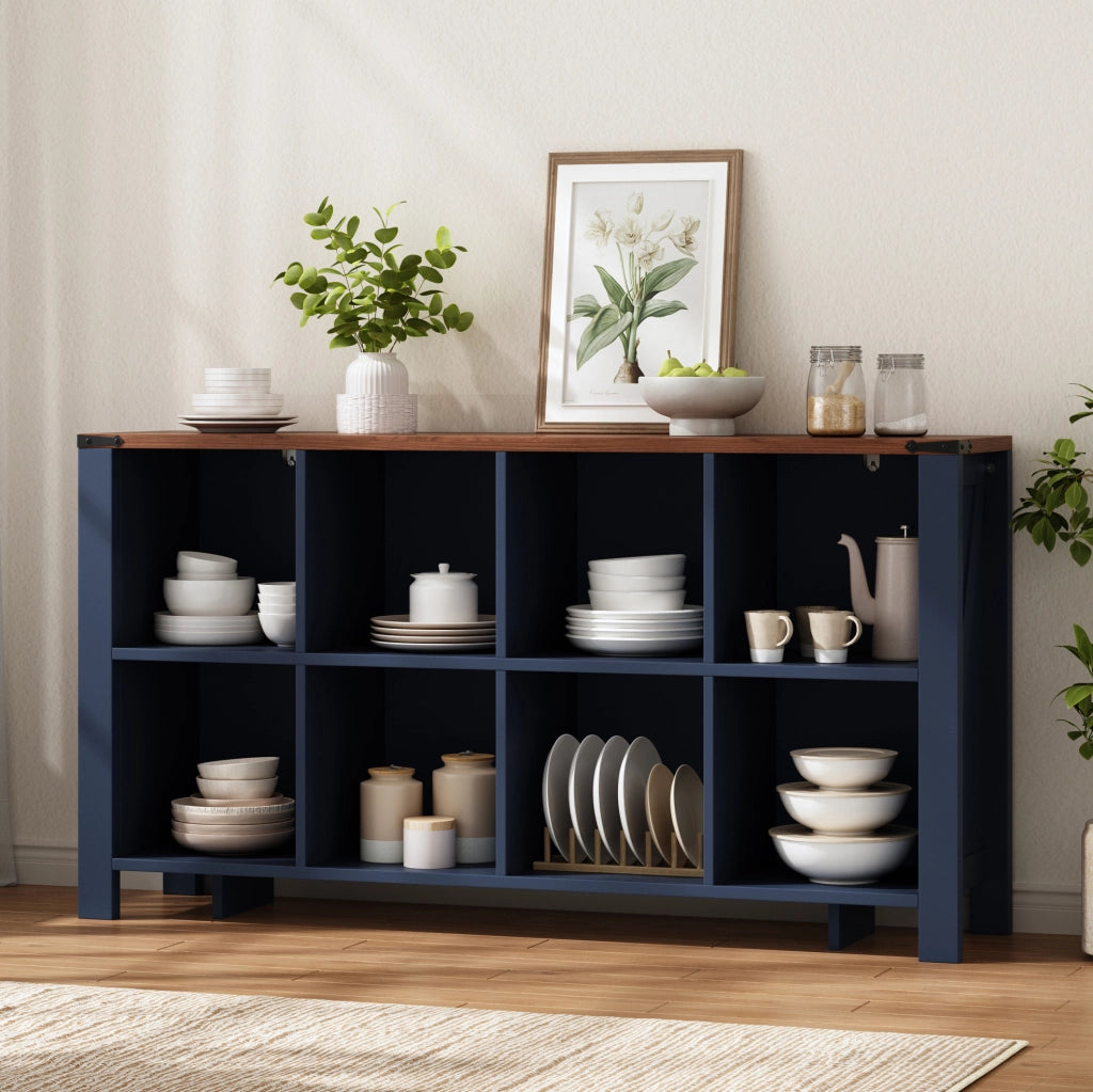 Libreria orizzontale blu in MDF con 8 vani, 140x34x75 cm