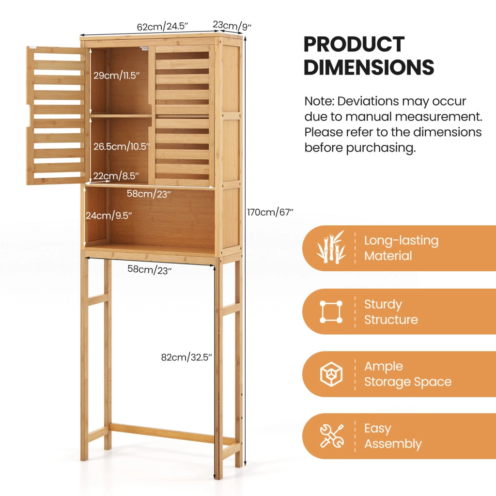 Bamboo Toilet Cabinet with 2 Slatted Doors & Open Shelf & Adjustable Crossbar