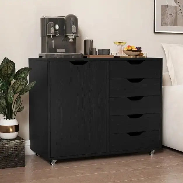 5-Drawer Chest with Door and Adjustable Shelf-Black