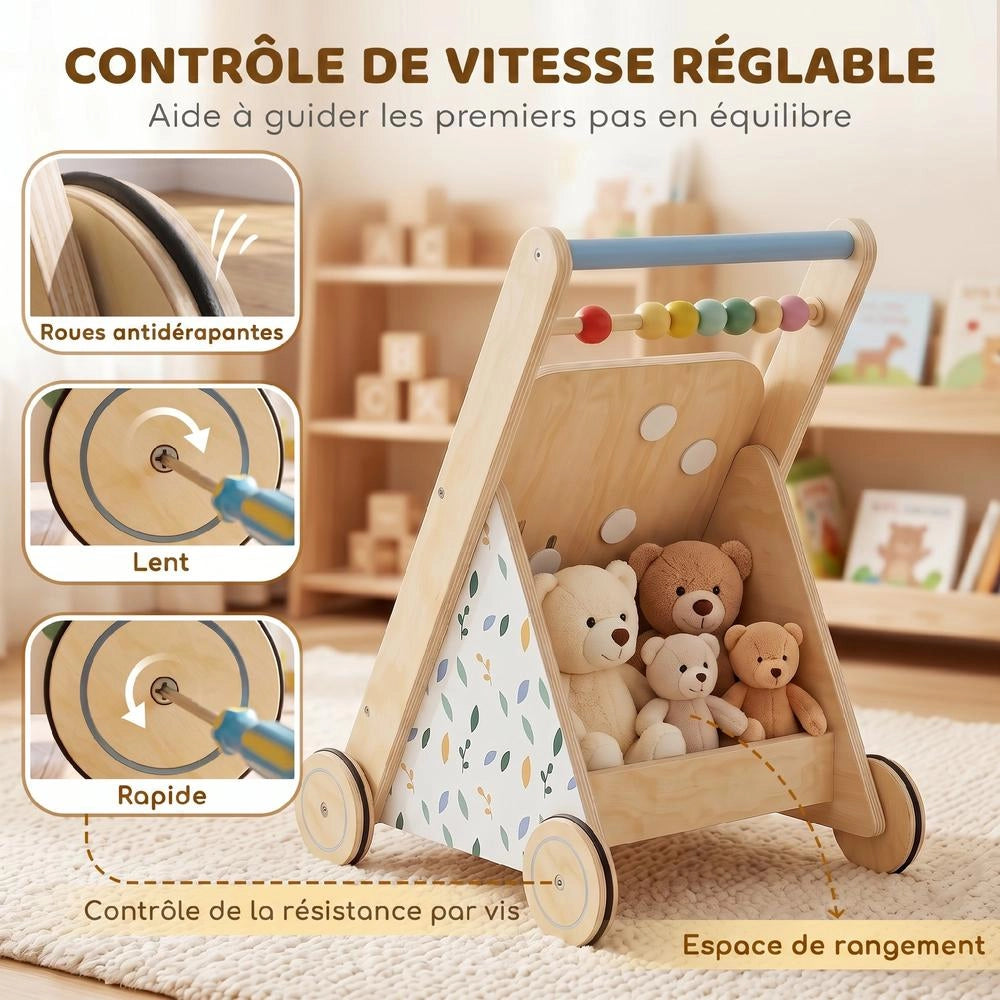 Carrello primi passi in legno naturale per bambini con centro attività e ruote regolabili, robusto e pratico