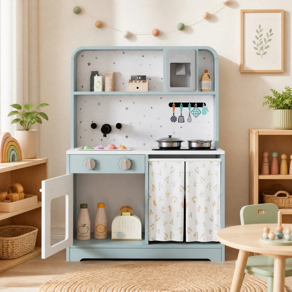 Cucina giocattolo per bambini 60x29x81 cm con microonde e accessori; blu in MDF e plastica