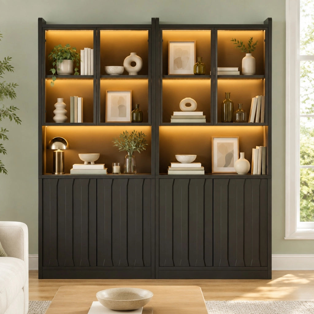 Set di 2 vetrine 160x35x200 cm con LED Bluetooth e vetro temprato; nero