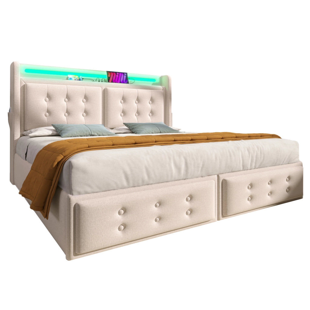 Letto matrimoniale 140x200 beige con LED e 4 cassetti