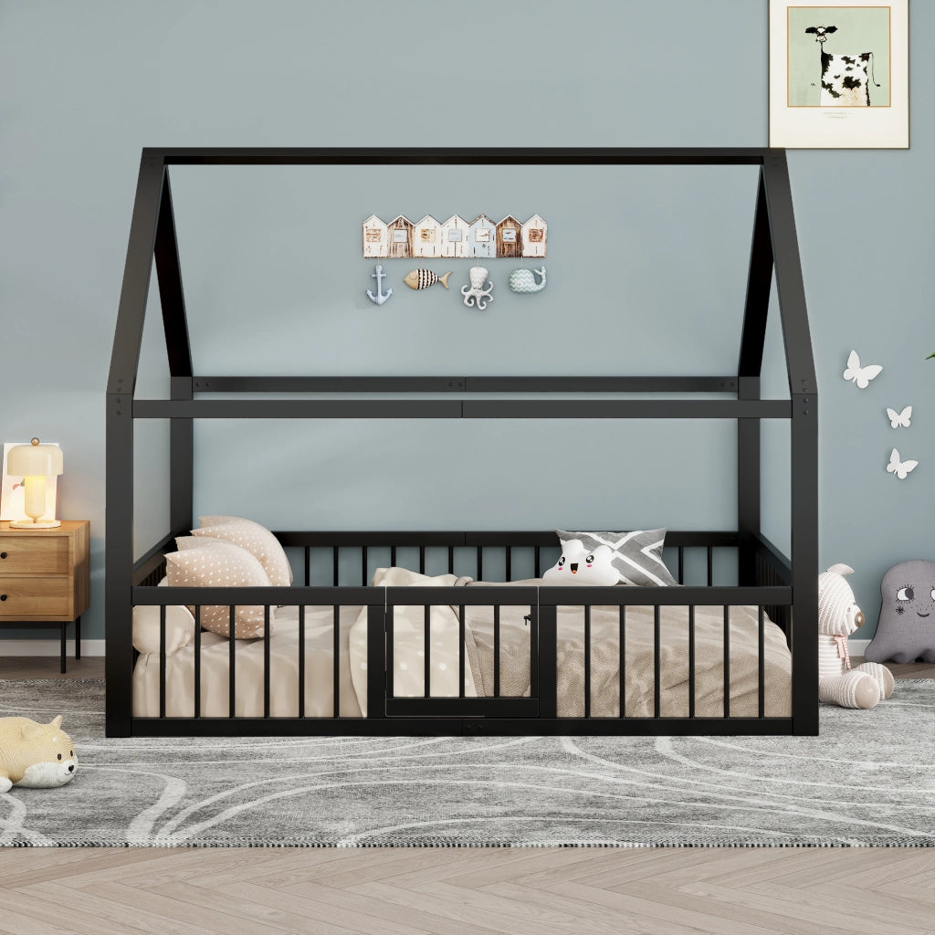 Letto a casetta nero 140 x 200 cm in metallo