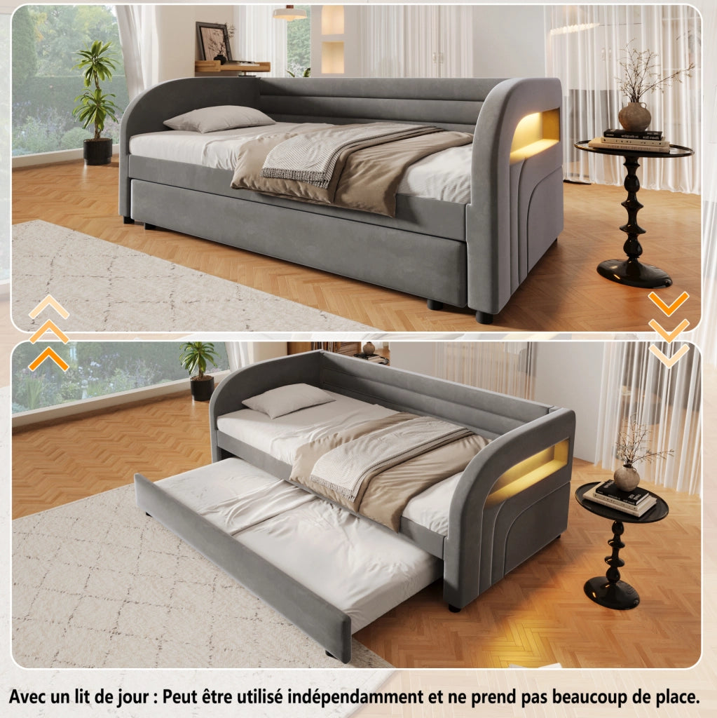 Letto imbottito 90x200 cm grigio con letto estraibile e LED