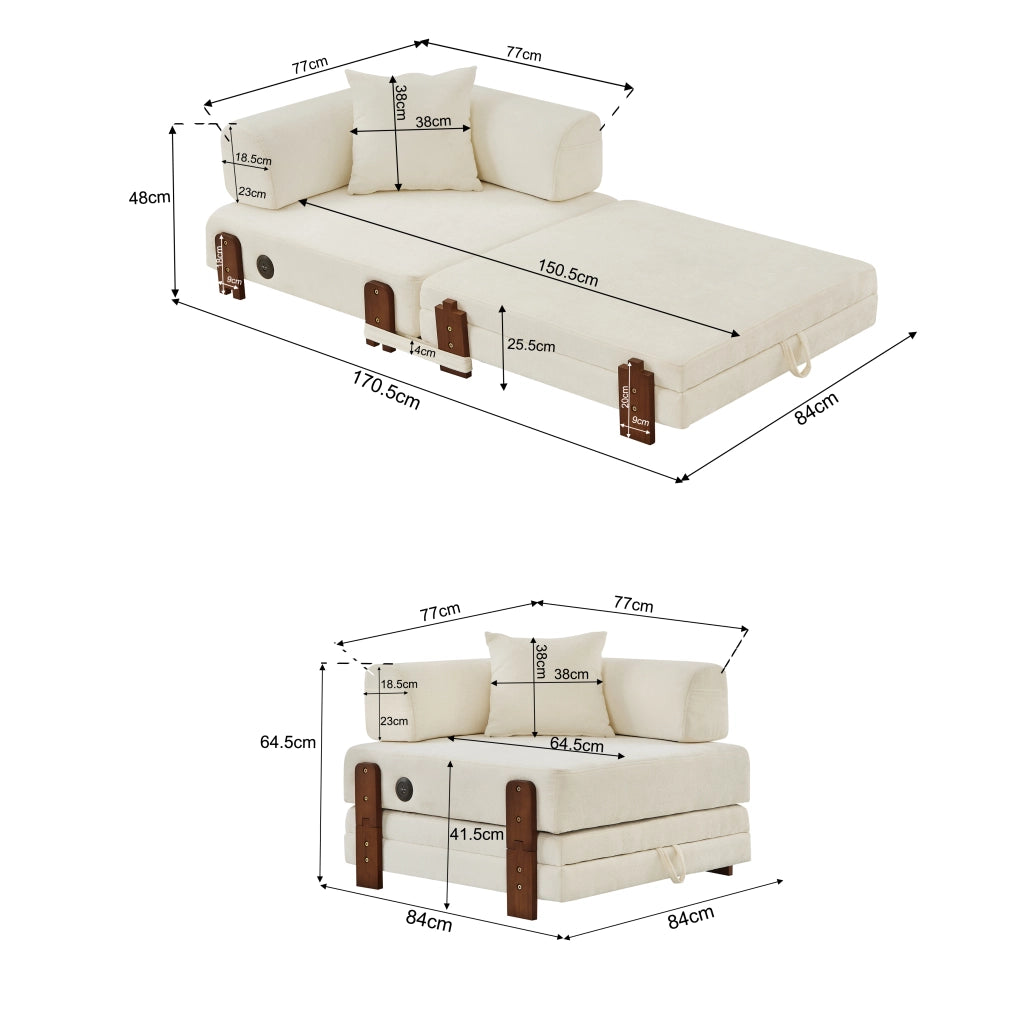 Divano letto pieghevole 2 in 1 con porte USB e Type C in tessuto beige