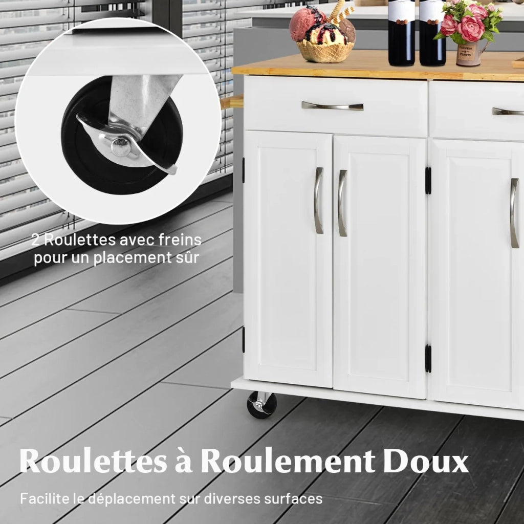 Kitchen Island on Lockable Wheels with Rubber Wood Countertop-White