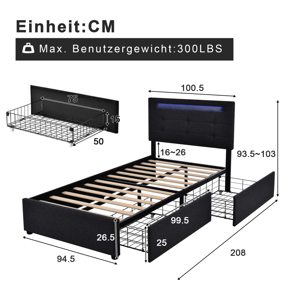 Letto singolo 90x200 cm nero con illuminazione LED e due cassetti