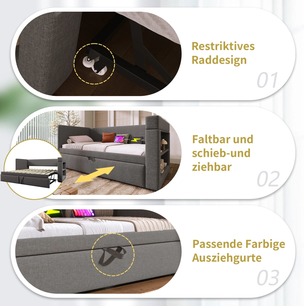 Letto divano estraibile 90x200 cm grigio con USB e portabicchieri
