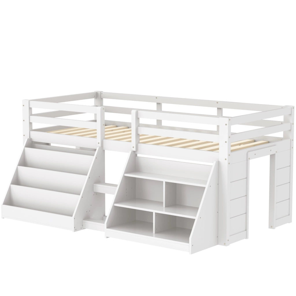 Letto rialzato 90x200 cm bianco con vani portaoggetti