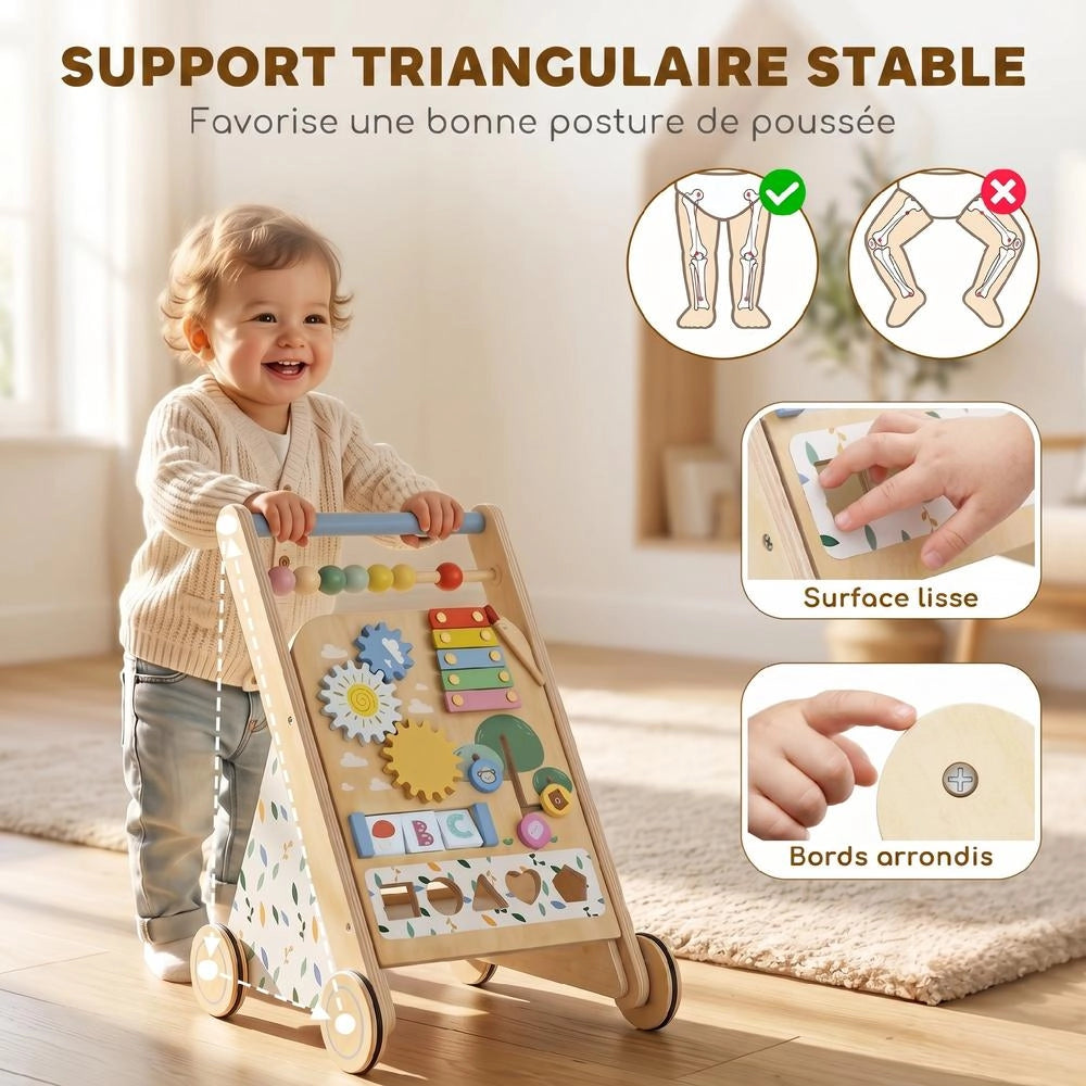 Carrello primi passi in legno naturale per bambini con centro attività e ruote regolabili, robusto e pratico