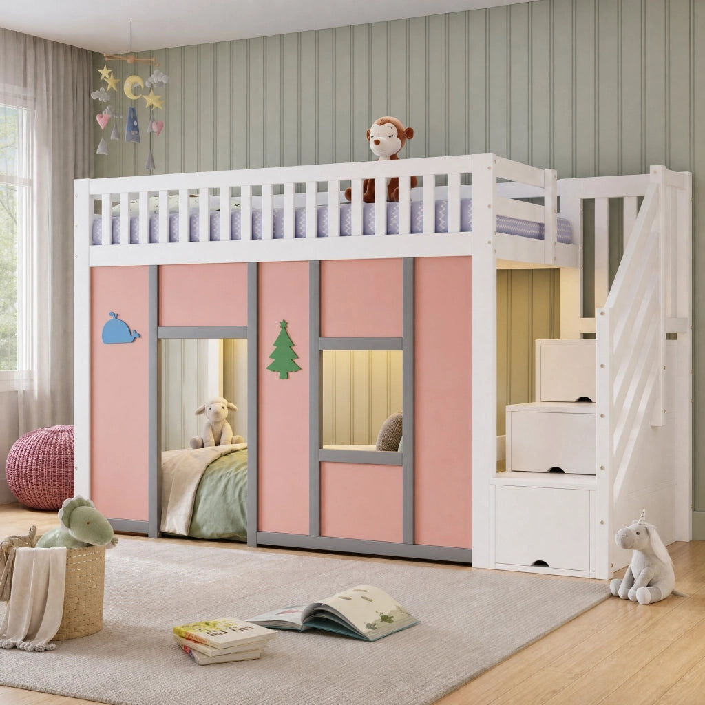 Letto semi-soppalco per bambini 90x200 cm con scala contenitore e LED; bianco e rosa