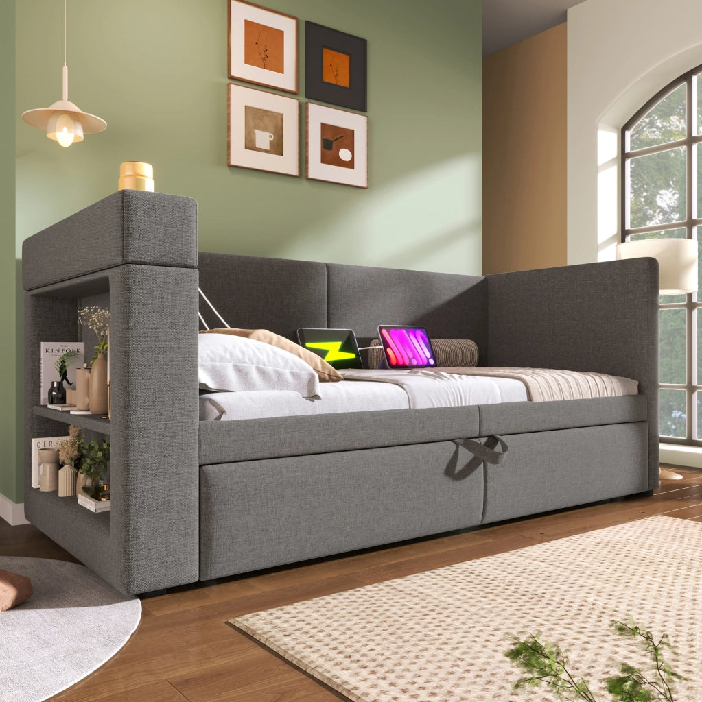 Letto divano estraibile 90x200 cm grigio con USB e portabicchieri