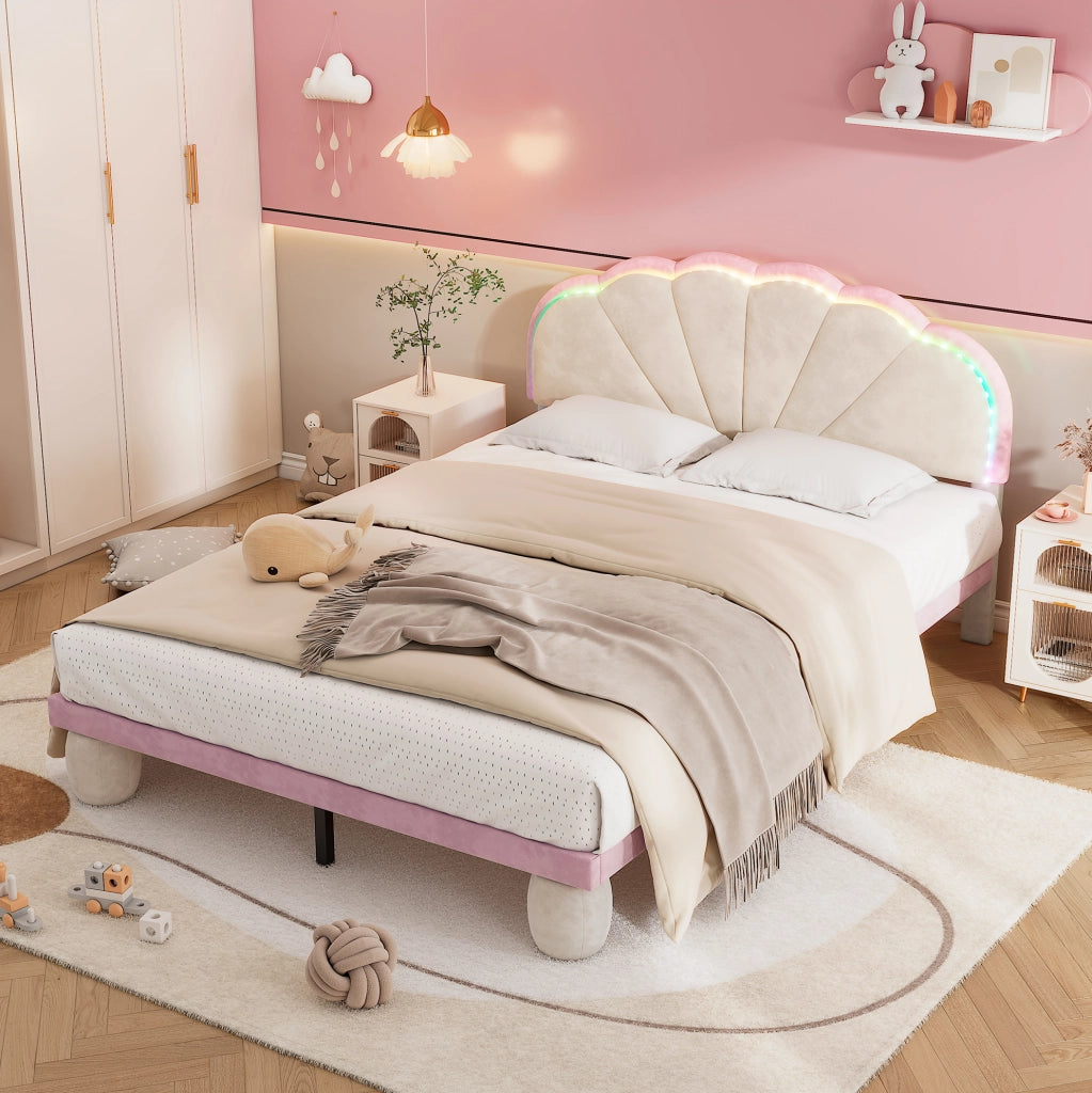 Letto imbottito per bambini 140x200 cm con luci multicolore in velluto beige e rosa