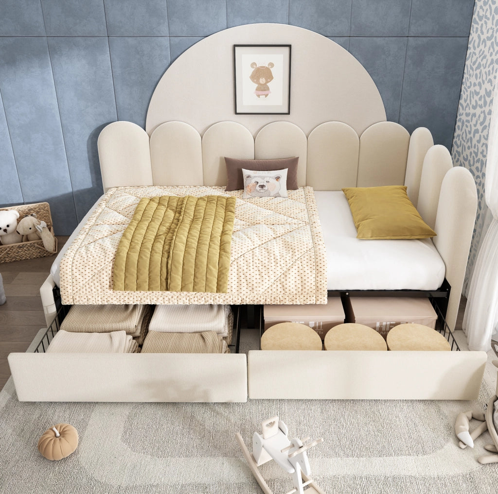 Letto singolo imbottito 90x190 cm in velluto beige con 2 cassetti e testiera