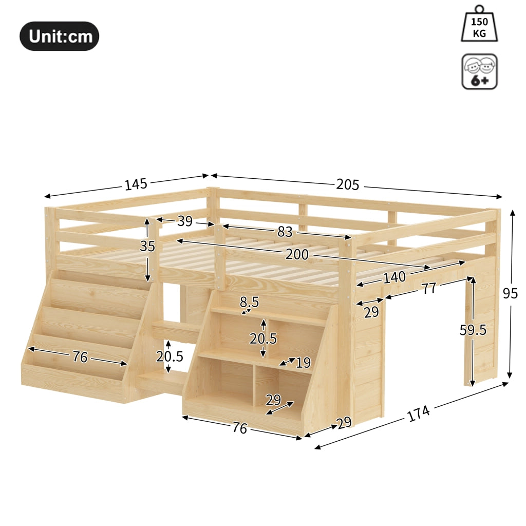 Letto rialzato 140 x 200 cm con contenitori e luci LED