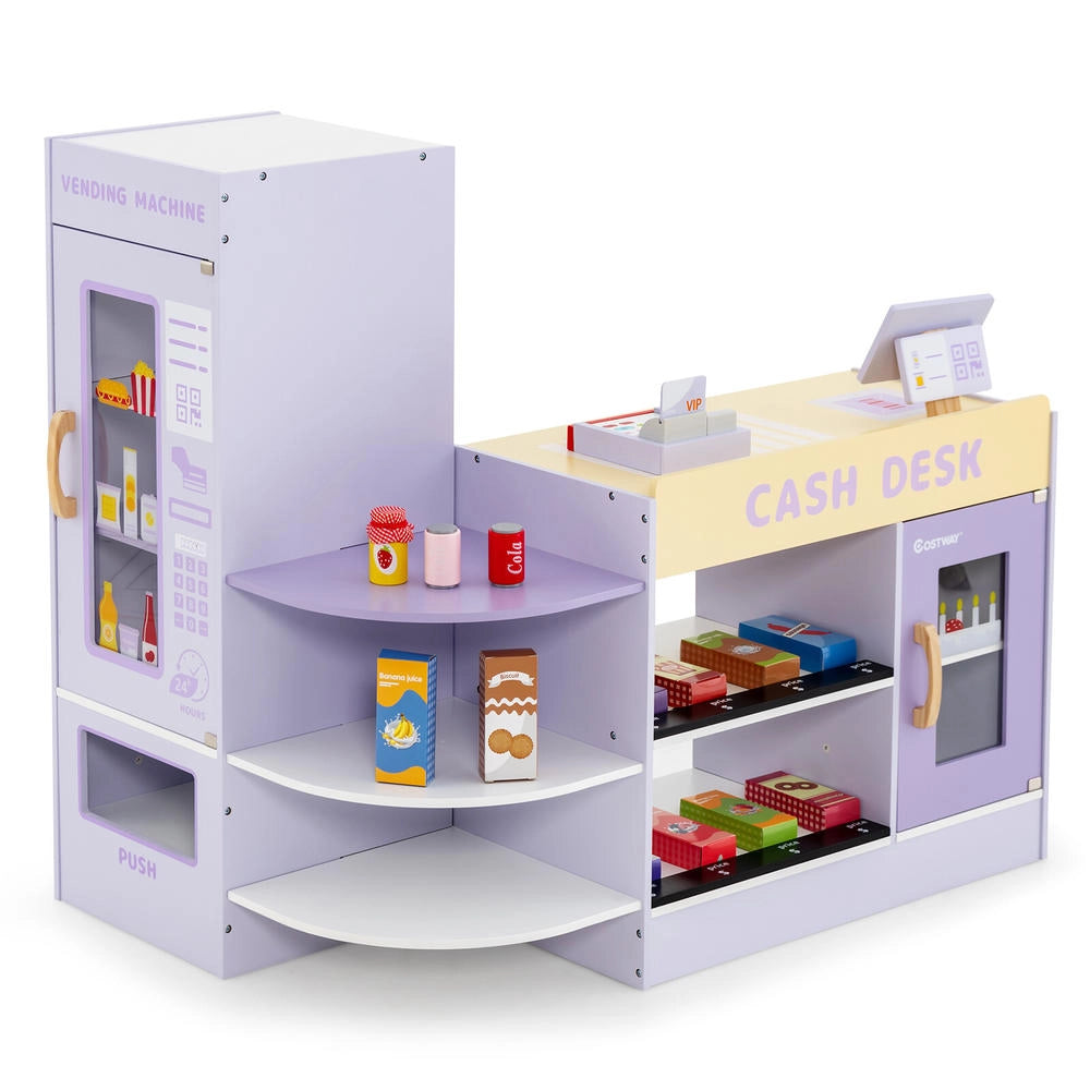 Supermercato Giocattolo per Bambini in Legno con Cassa e Distributore Viola Gioco di Ruolo Educativo