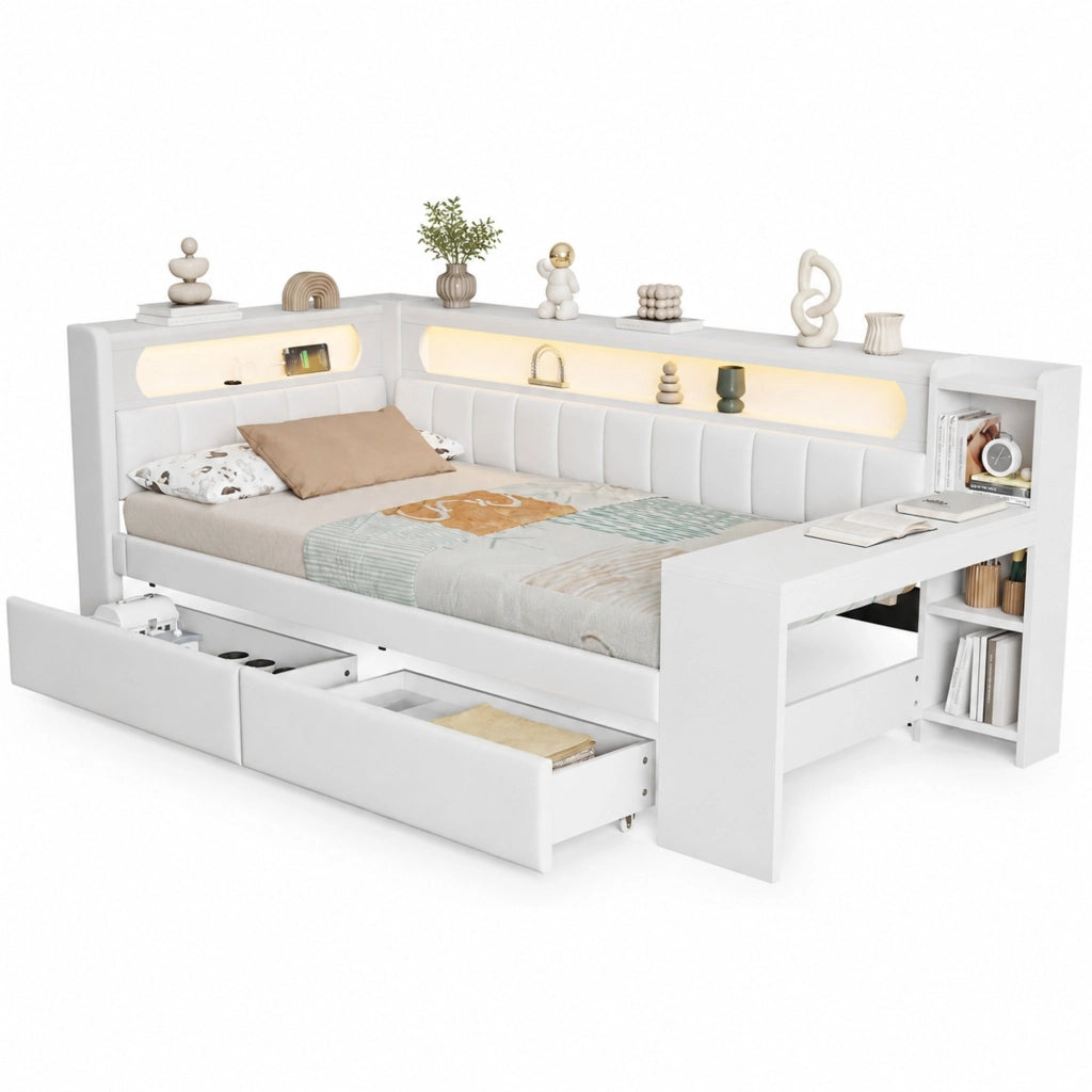 Letto singolo 90x200 cm con scrivania; 2 cassetti; LED e USB in MDF e compensato bianco