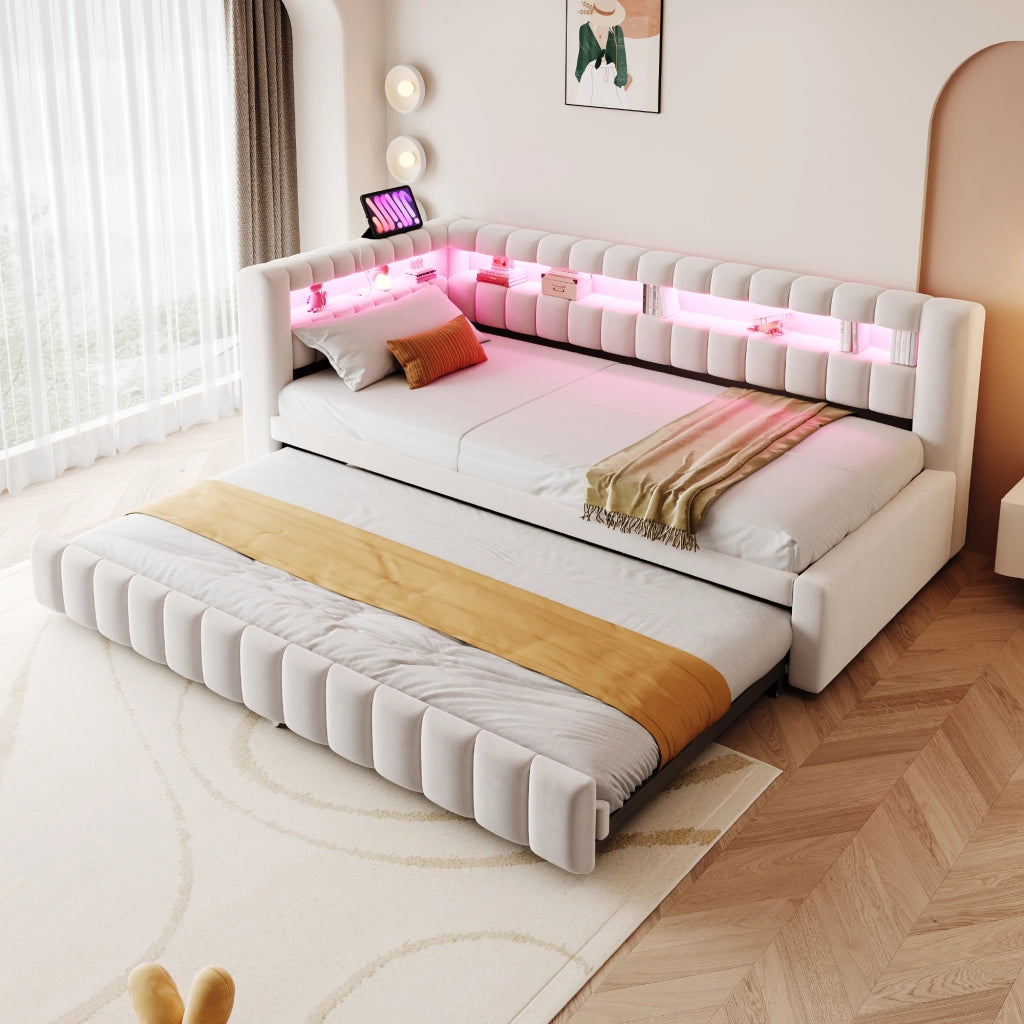 Letto imbottito estraibile con LED USB e Type C in velluto beige con rete a doghe e ripiani