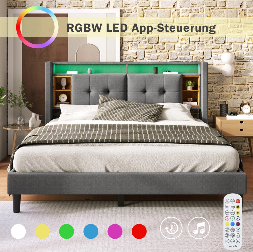 LETTO Imbottito 160x200 cm grigio con testiera contenitore, prese USB e LED