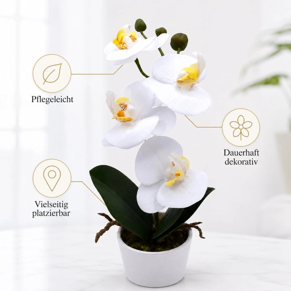 Orchidea artificiale in vaso, color crema, 26 cm, facile da curare