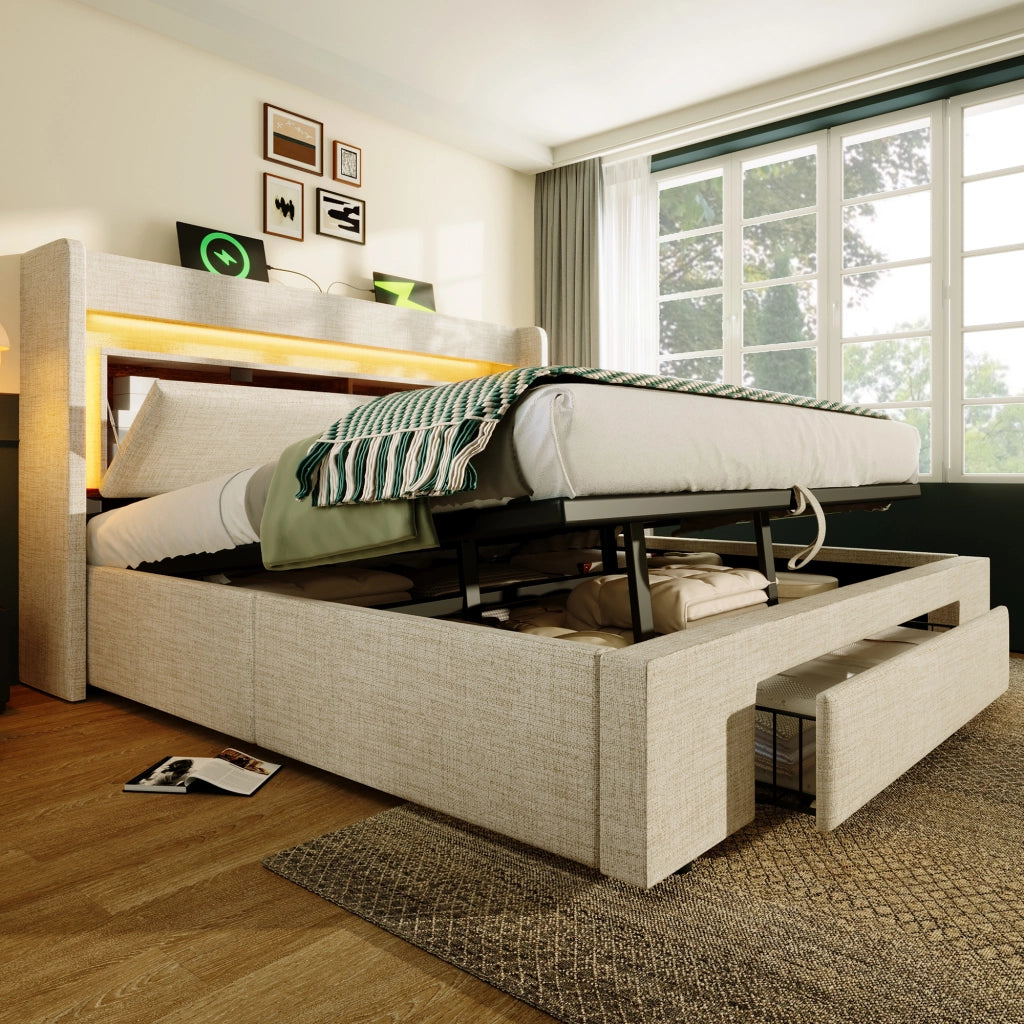 Letto imbottito beige 160x200 cm con contenitore