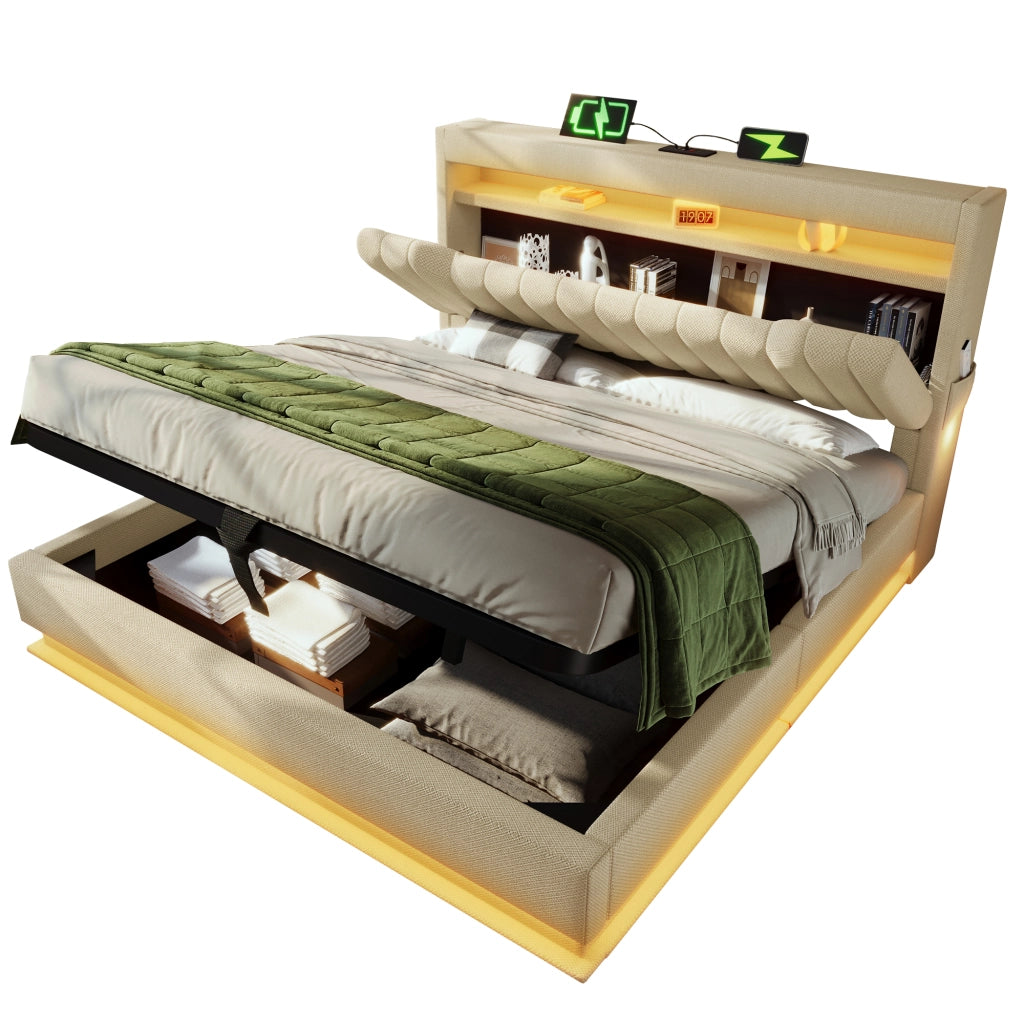 Letto matrimoniale 160x200 cm beige con contenitore e luci LED