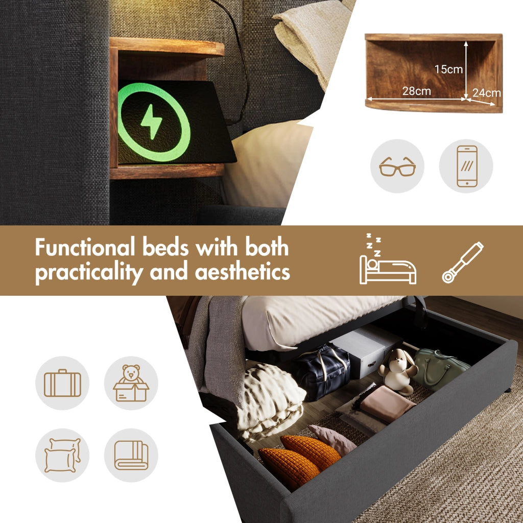 Letto Contenitore 160 x 200 cm, Matrimoniale, Lampada Touch, USB e Tipo C, Grigio