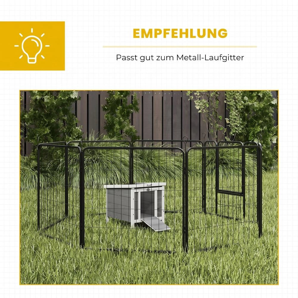 Casetta per piccoli animali in legno di abete grigio con rampa conigliera da giardino rialzata e resistente