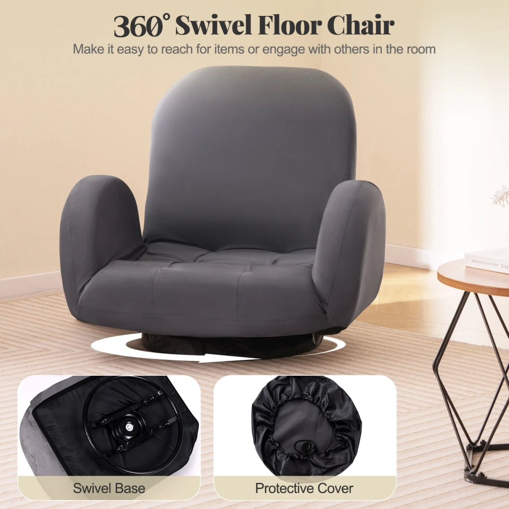Swivel Floor Chair with Adjustable Backrest and Armrests-Grey