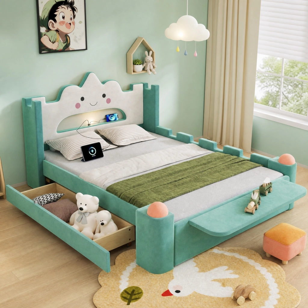 Letto imbottito per bambini 140x200 cm con cassetto; USB e lampada LED; blu-verde