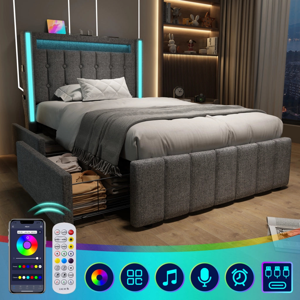 Letto singolo imbottito 90 × 200 cm grigio con LED USB tipo C e due cassetti