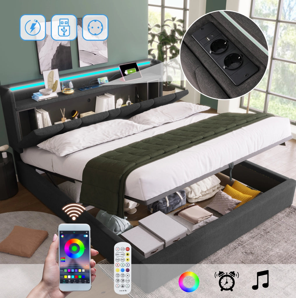 Letto contenitore 140x200 cm grigio con LED RGBW e prese USB