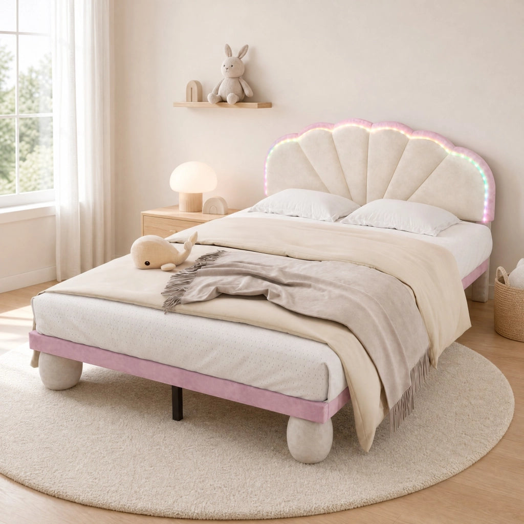 Letto imbottito per bambini 140x200 cm con luci multicolore in velluto beige e rosa