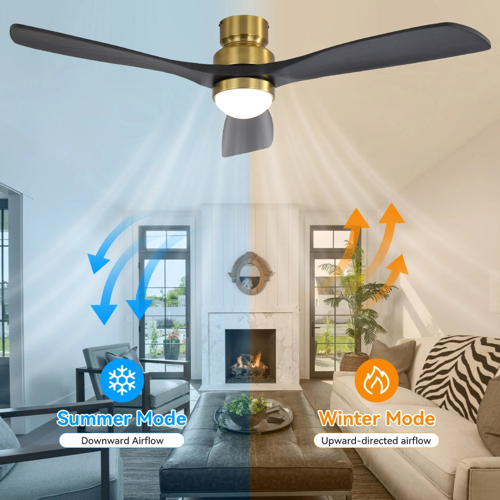 Ventilatore da soffitto con luce LED dimmerabile; motore DC reversibile; 6 velocità; telecomando e timer