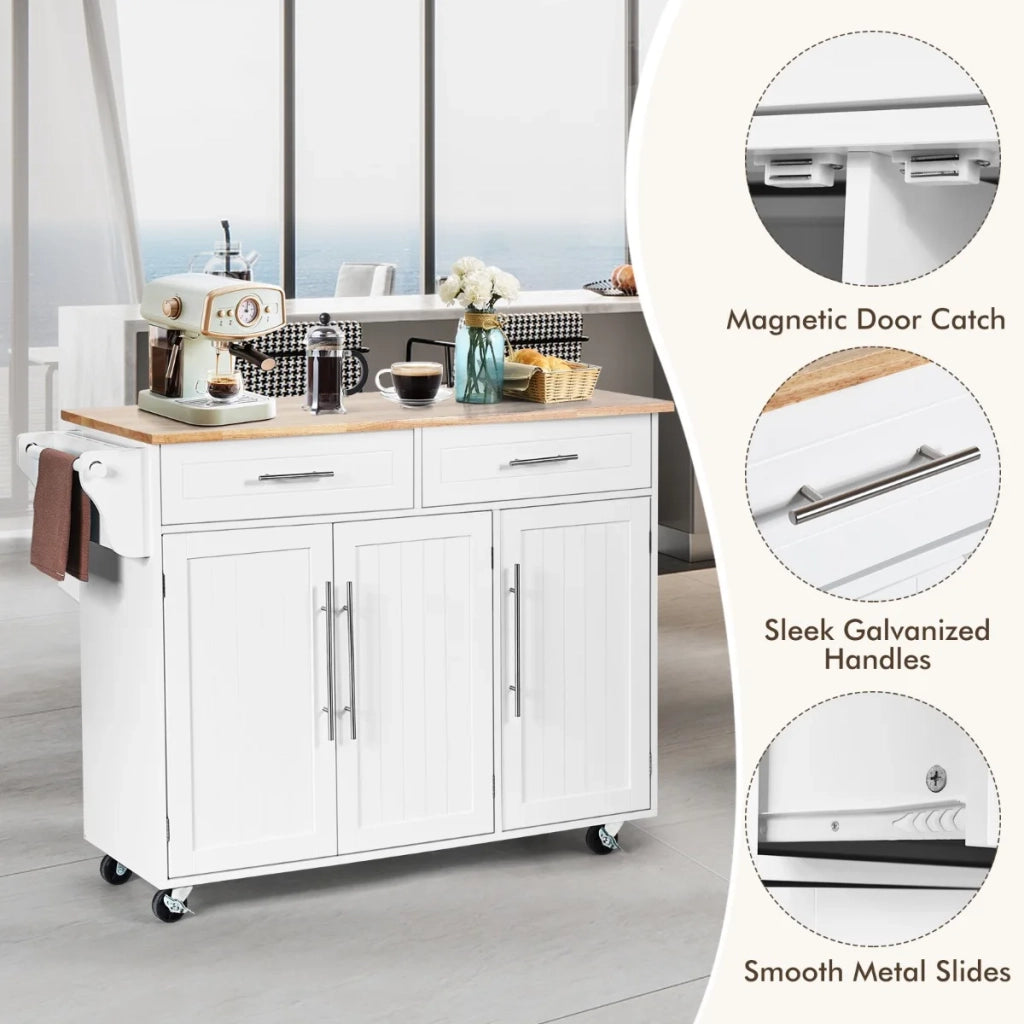 Kitchen Island Trolley Cart Wood Top Rolling Storage Cabinet-White