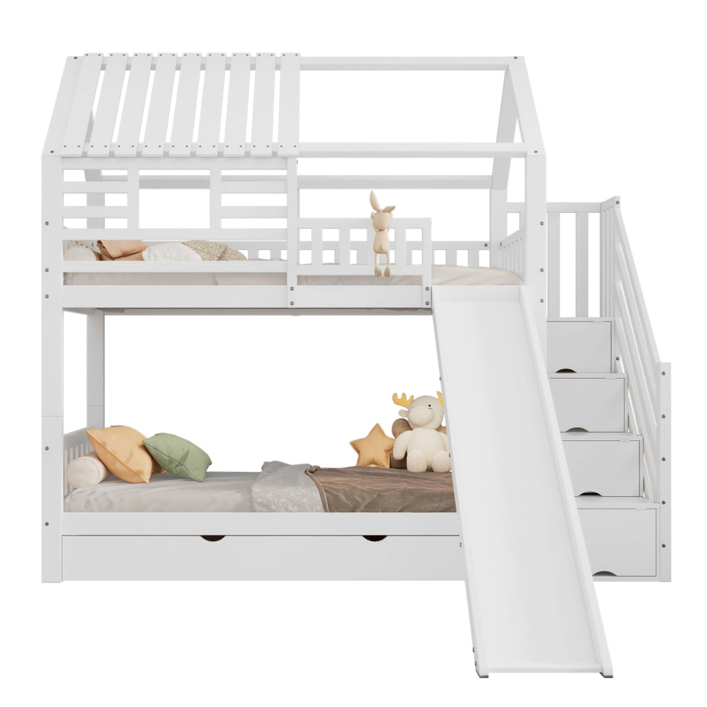 Letto a castello per bambini 90x200 cm con scala contenitore e scivolo; bianco